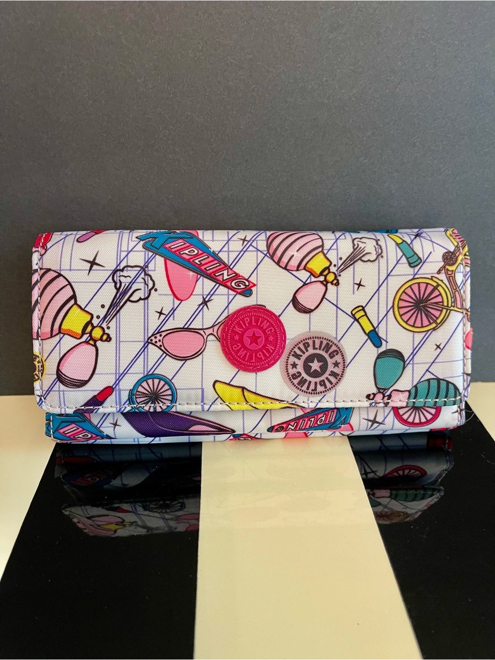 Kipling Rare Long Pink Wallet with Fun Random Accessories Print
